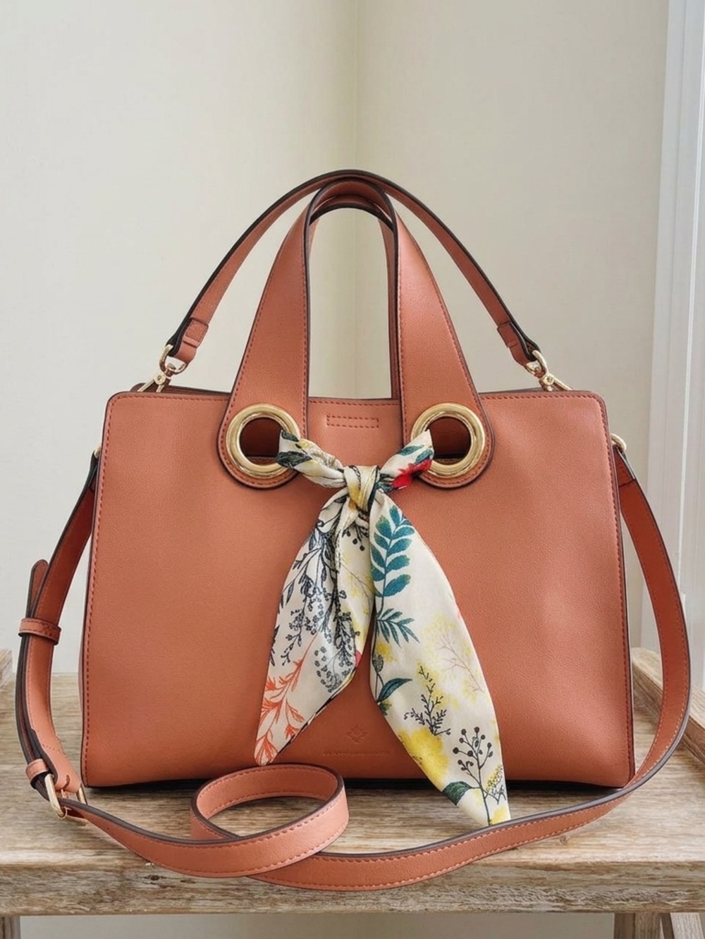 Nanette Lepore Coral Pink Tote Bag Gold Grommet Floral Scarf